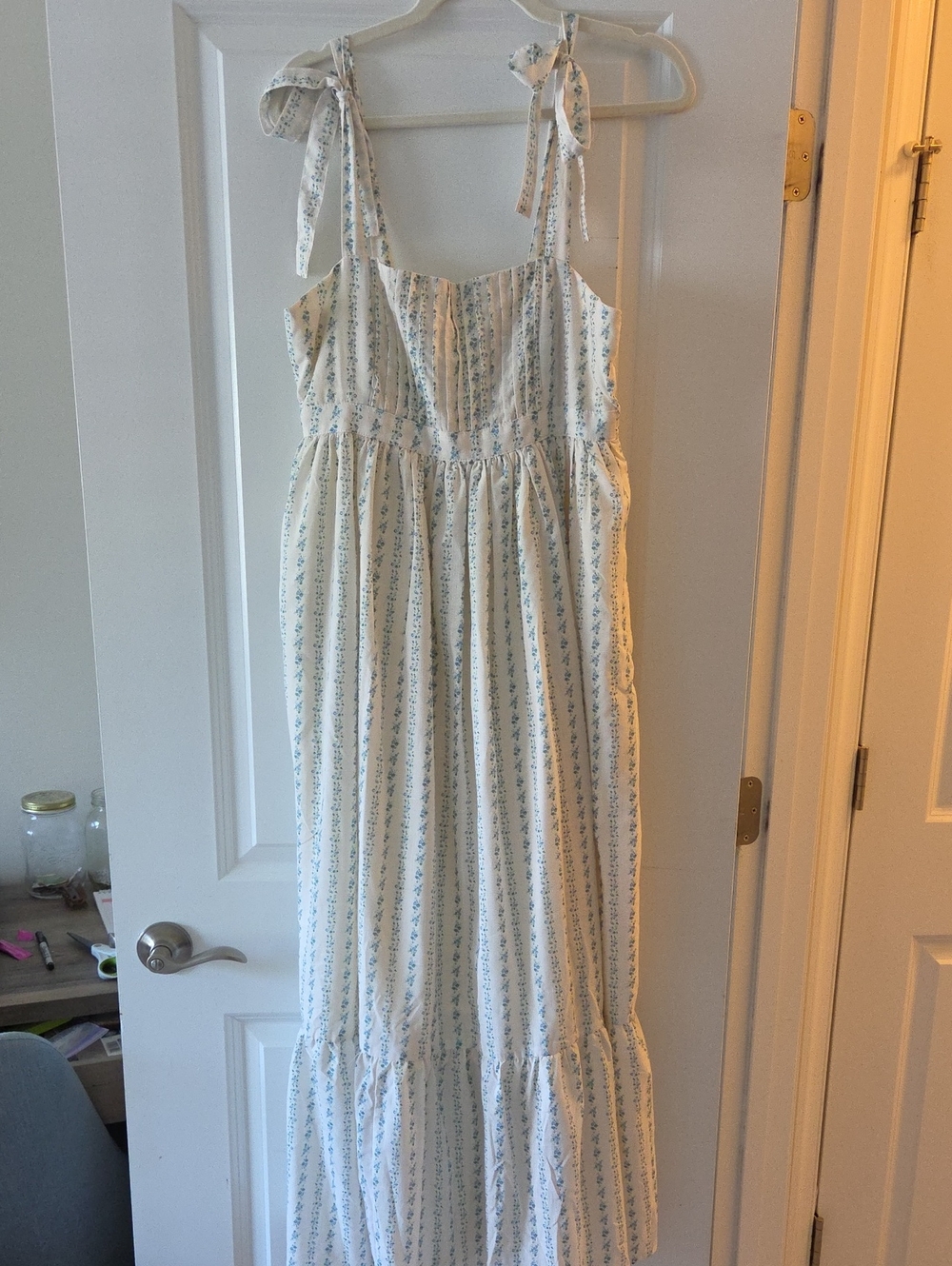 Women’s White and Light Blue Floral Tie-Shoulder Maxi Dress